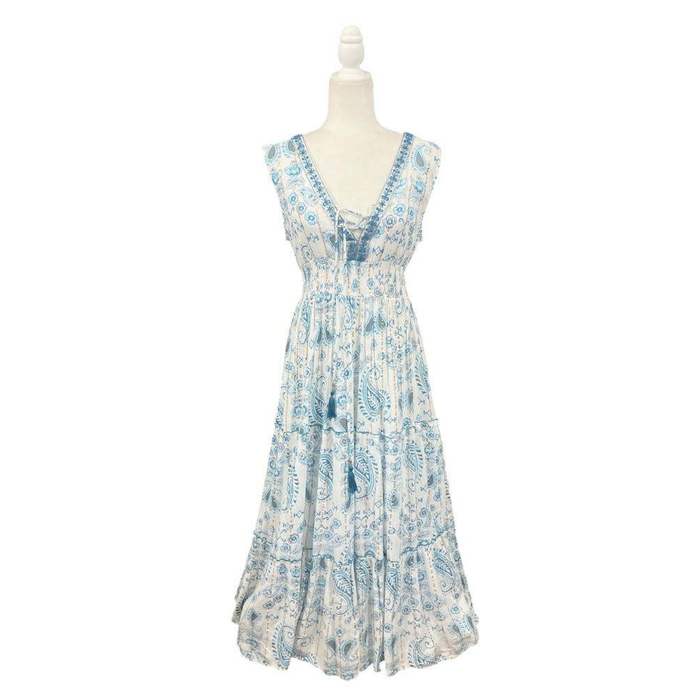 Anthropologie Me 2 Magic Hippie Maxi Dress Large Boho Tiered Metallic Cottage